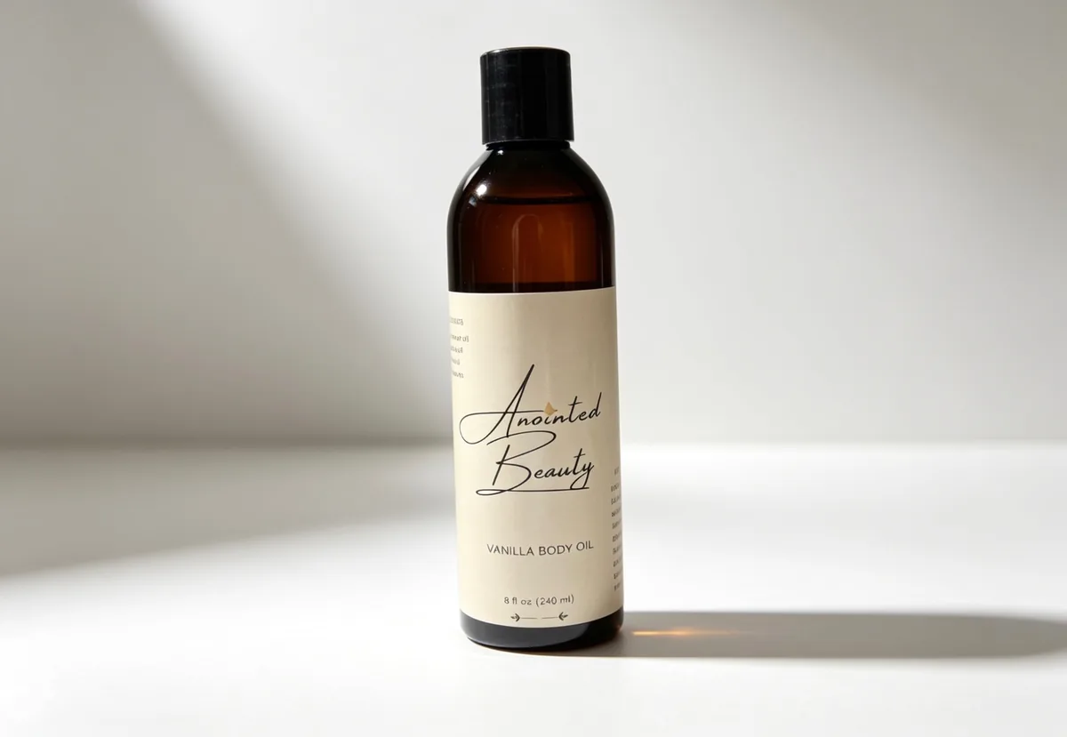Anointed Beauty Vanilla Body Oil in an amber glass bottle